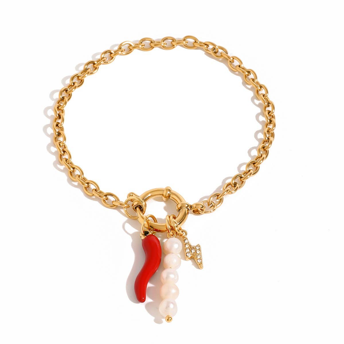 18K Gold Steel Pearl Red Chili Charm Bracelet_CWAJE4891
