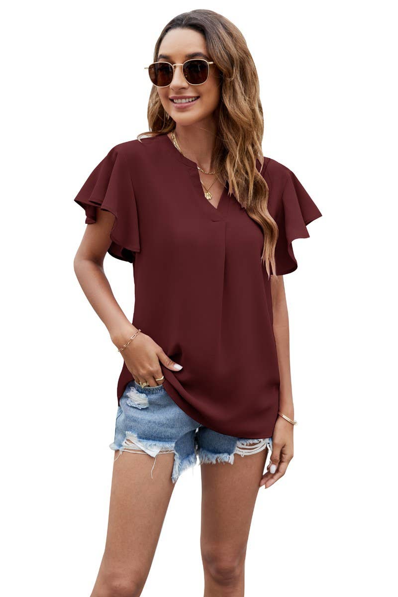 V NECK FLY SLEEVE SHORT SLEEVE CHIFFON TOP_CWTSTS0214