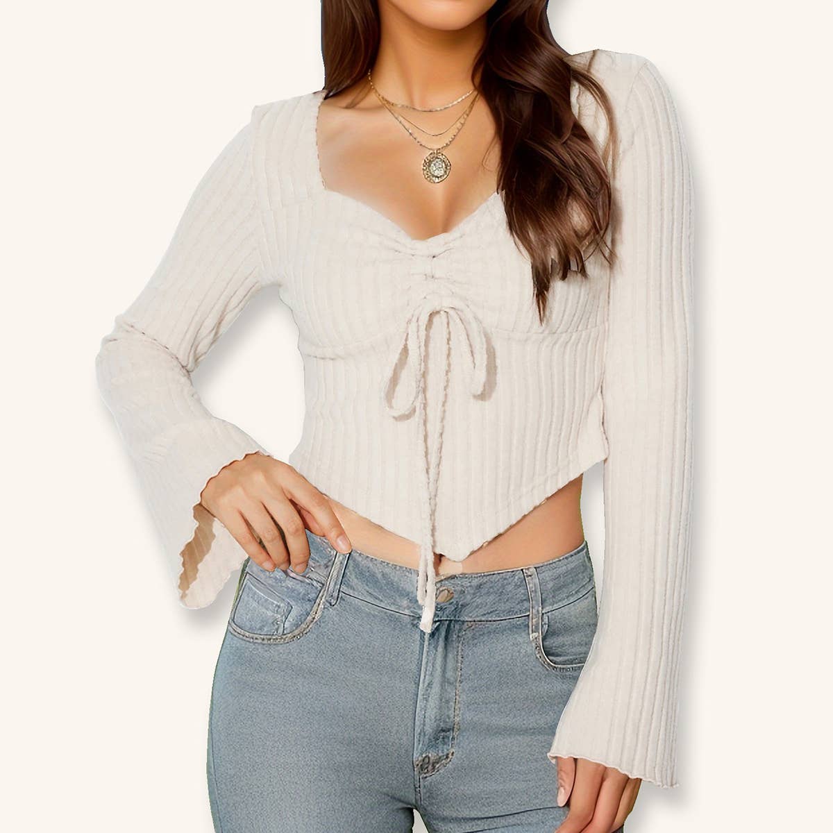 V-NECK TRUMPET SLEEVE SLIM-FIT CROP TOP