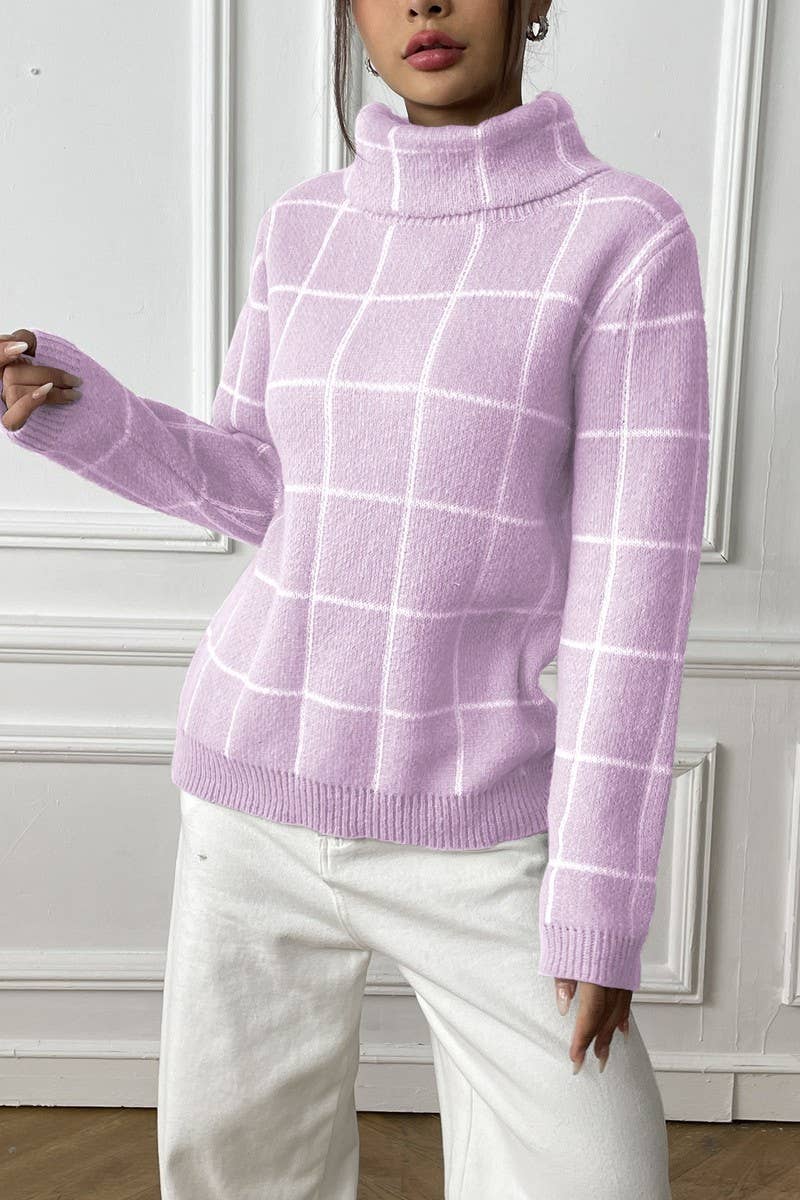 WOMEN PLAID PATTERN HIGH TURTLE NECK FW SWEATER_CWOSWL1439
