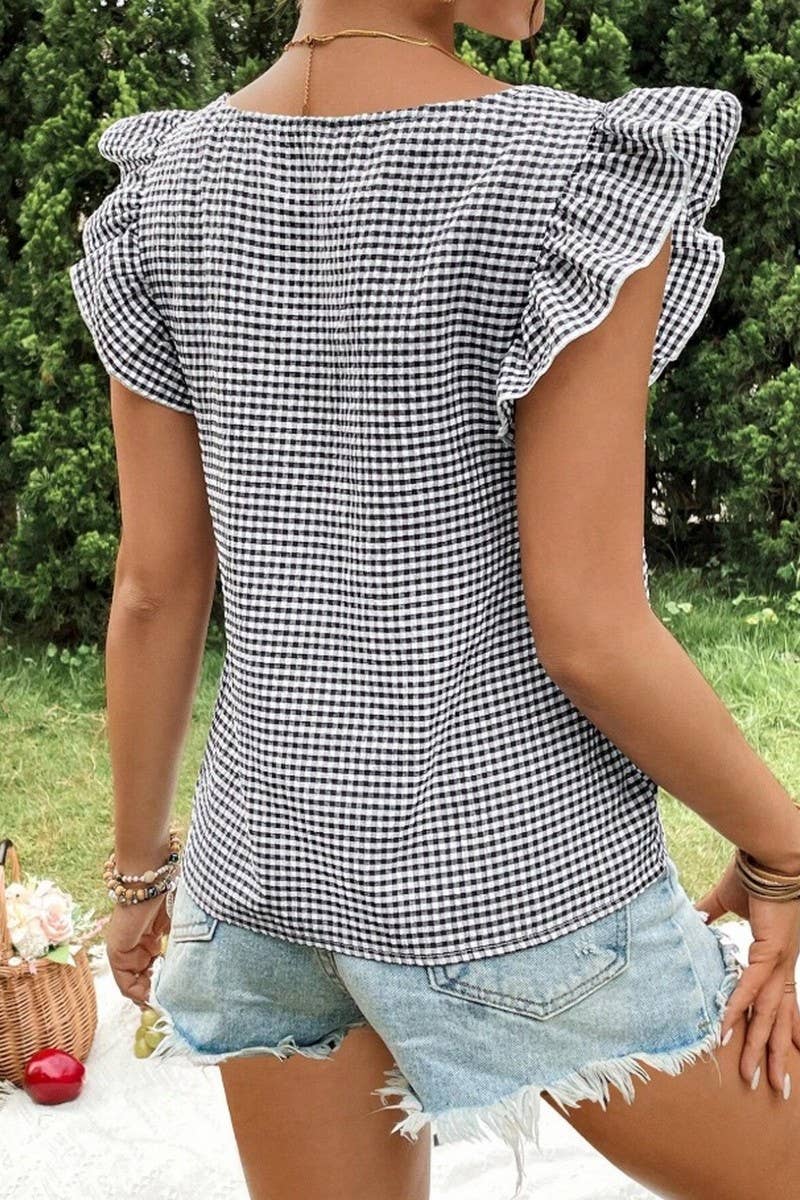Cwtblsl0969_Plaid Ruffle Square Neck Blouse Top