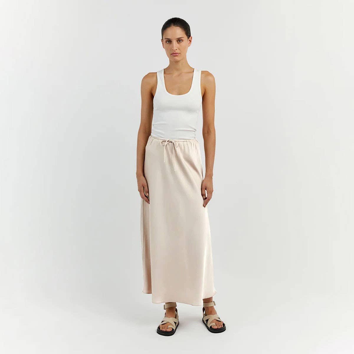 SATIN LONG SKIRT HIGH WAIST DRAWSTRING SKIRT_CWAB4792