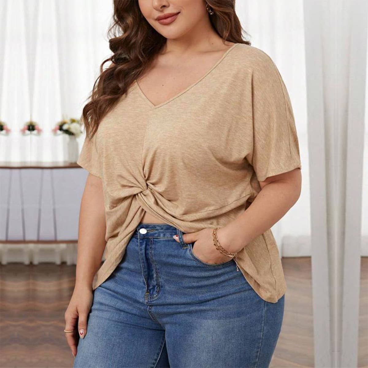 Loose Knit V-Neck Tee ? Asymmetrical Hem