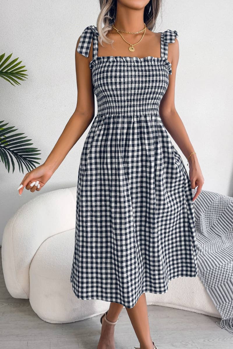 CWDHL0520_SUMMER CASUAL LACE-UP PLAID DRESS MID-LENGTH