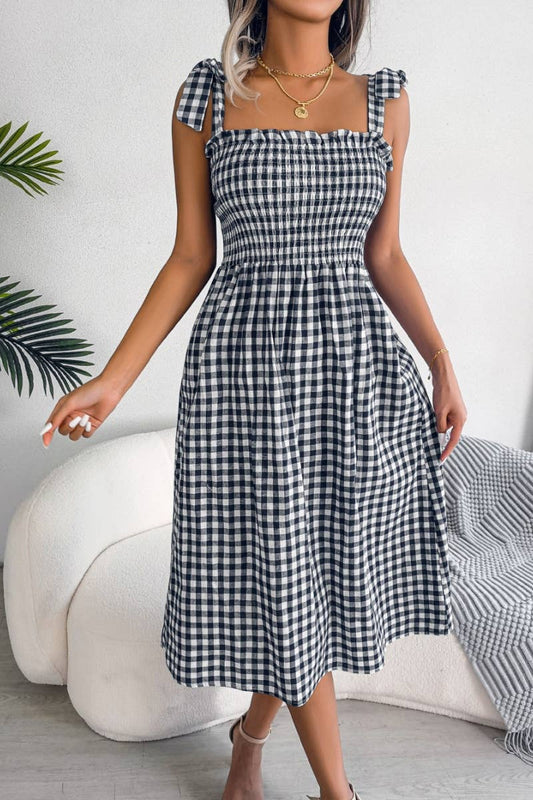 CWDHL0520_SUMMER CASUAL LACE-UP PLAID DRESS MID-LENGTH