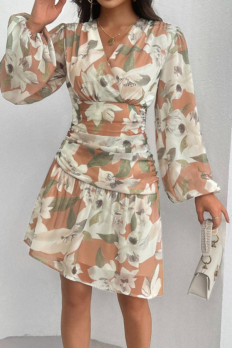 CWDSD6495_V-NECK PRINTED WAIST LONG-SLEEVED DRESS