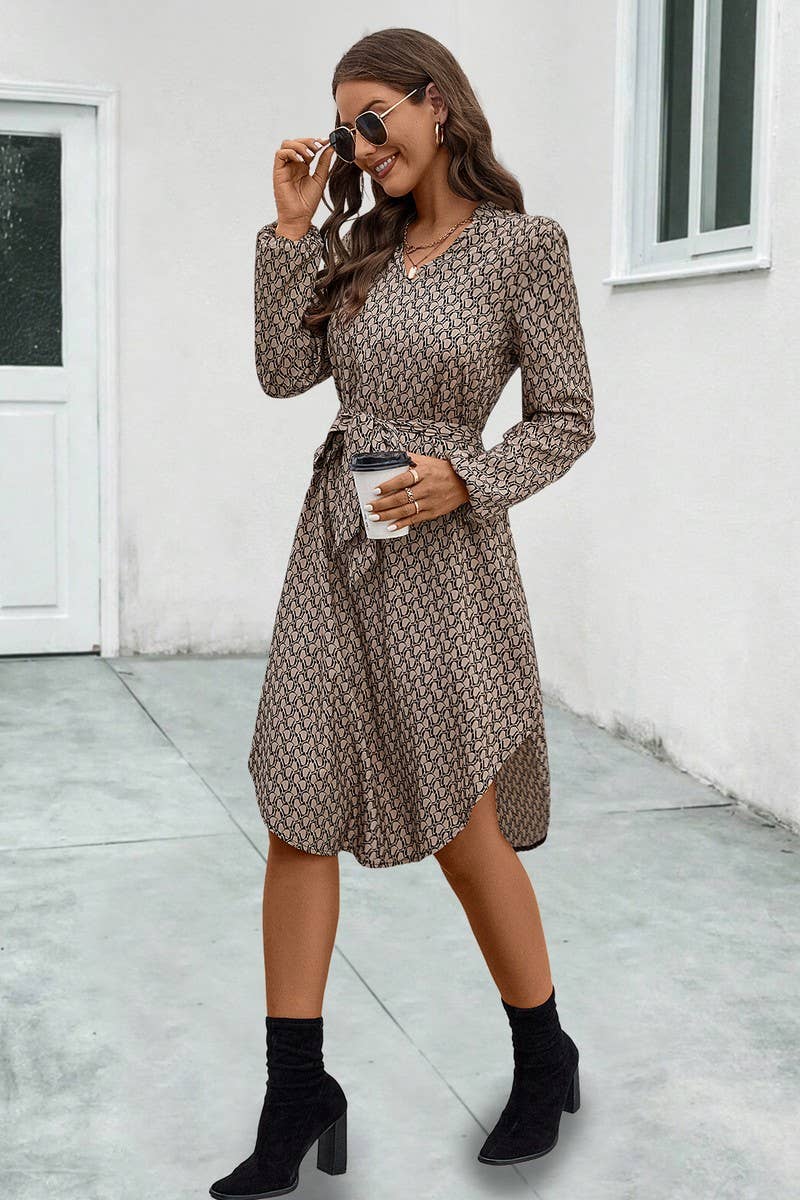 CWDSD7110_NEW ARRIVAL PRINTED LONG SLEEVE TIE DRESS