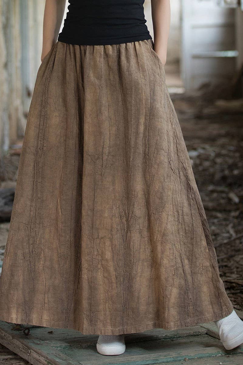 CWBLS0307_COTTON AND LINEN ELASTIC WAIST LONG LOOSE SKIRT