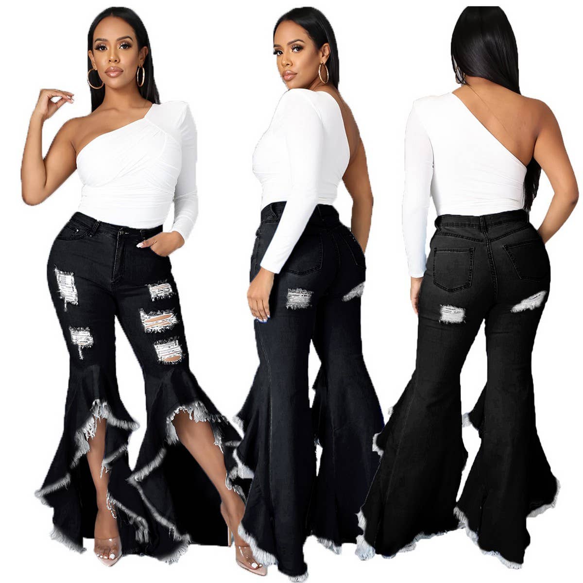 HOLE WASHED DENIM BELL BOTTOMS WIDE LEG PANTS_CWJP0086