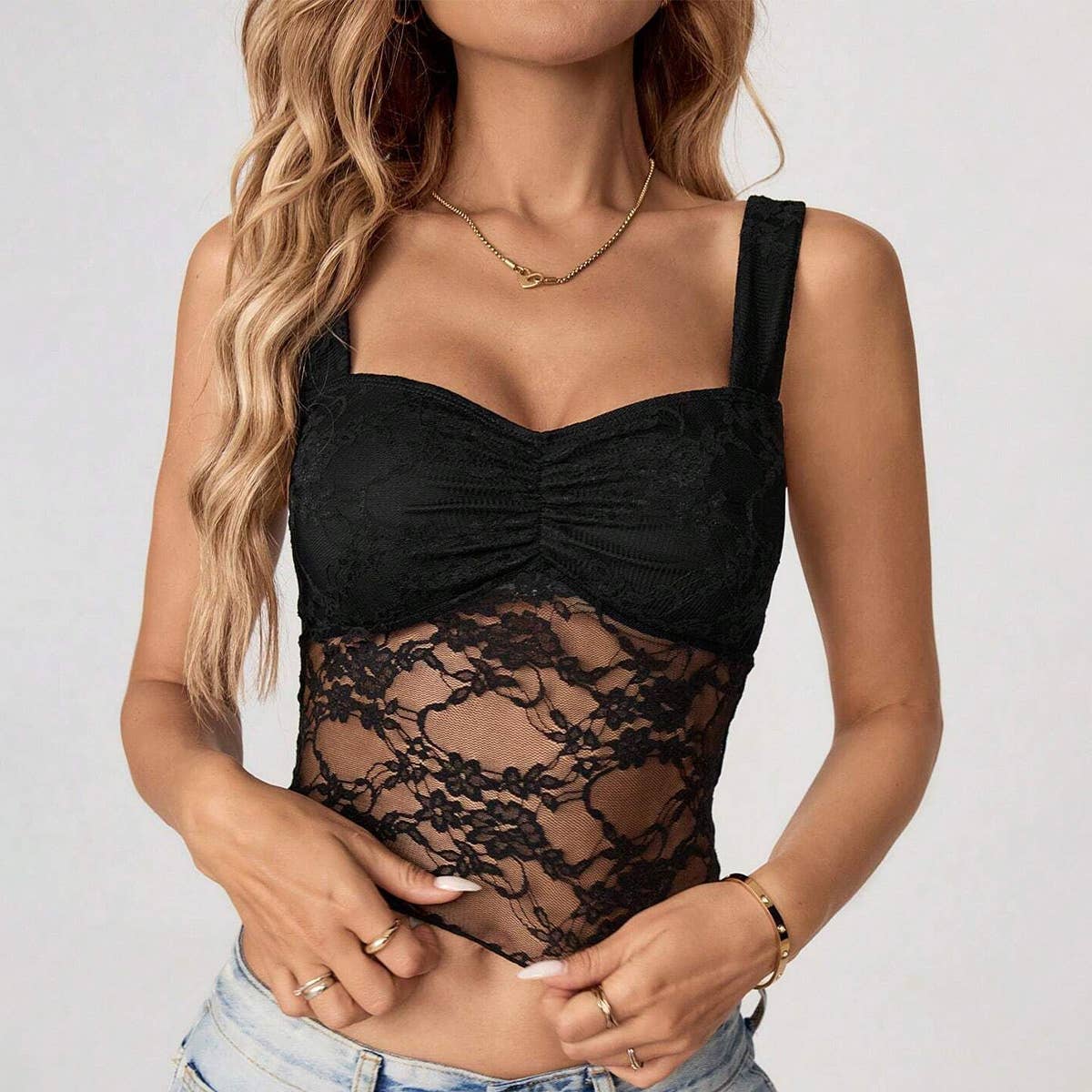 Lace patchwork see-through low-cut vest