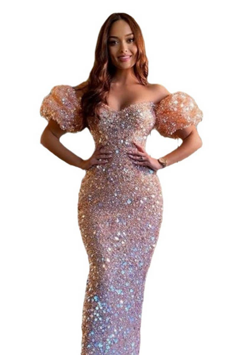 CWDMD5636_PARTY PUFF SLEEVE DEEP V SEQUINED EVENING DRESS