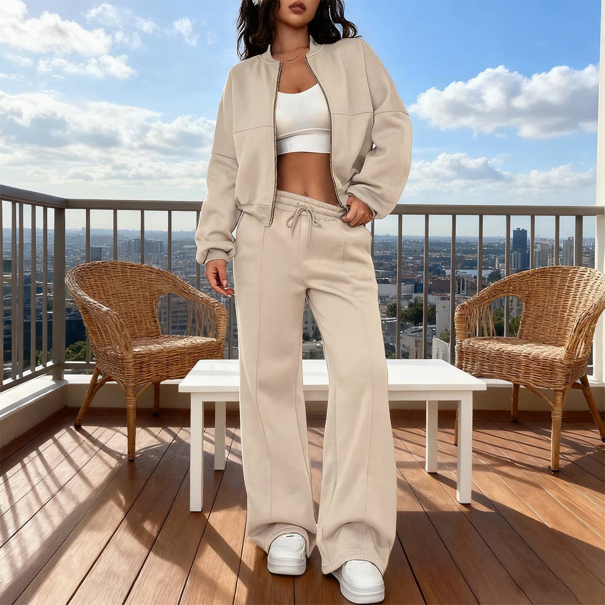 Zipper cardigan straight-leg sport pants set