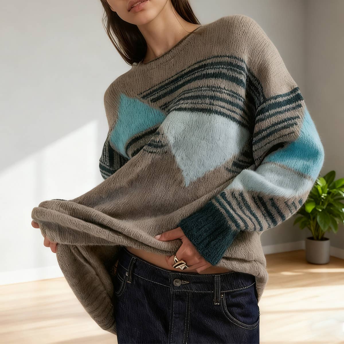 Striped versatile casual base knitted sweater