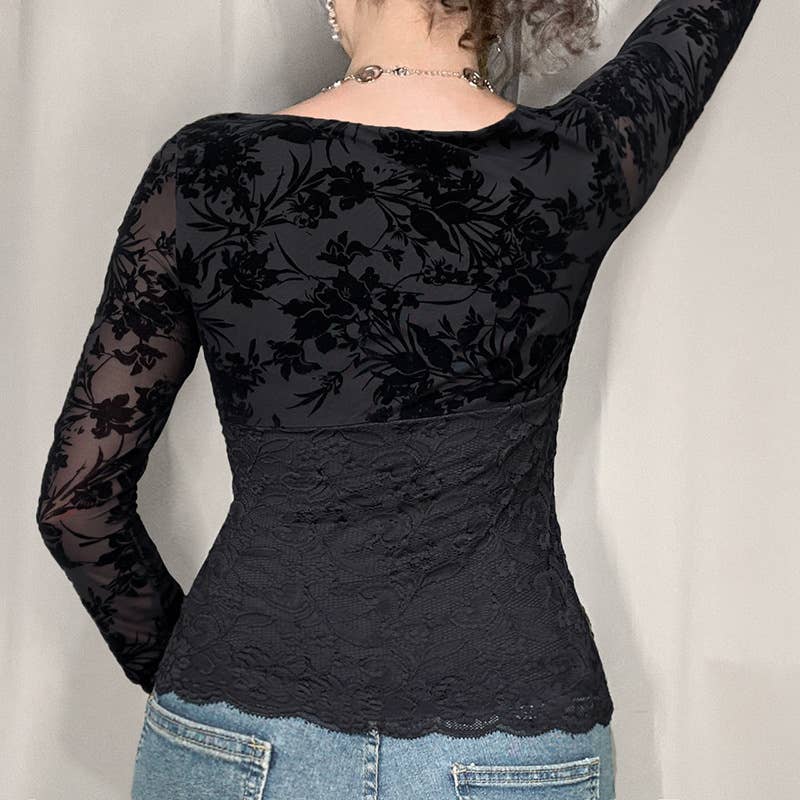Sexy lace see-through splicing V-neck T-shirt