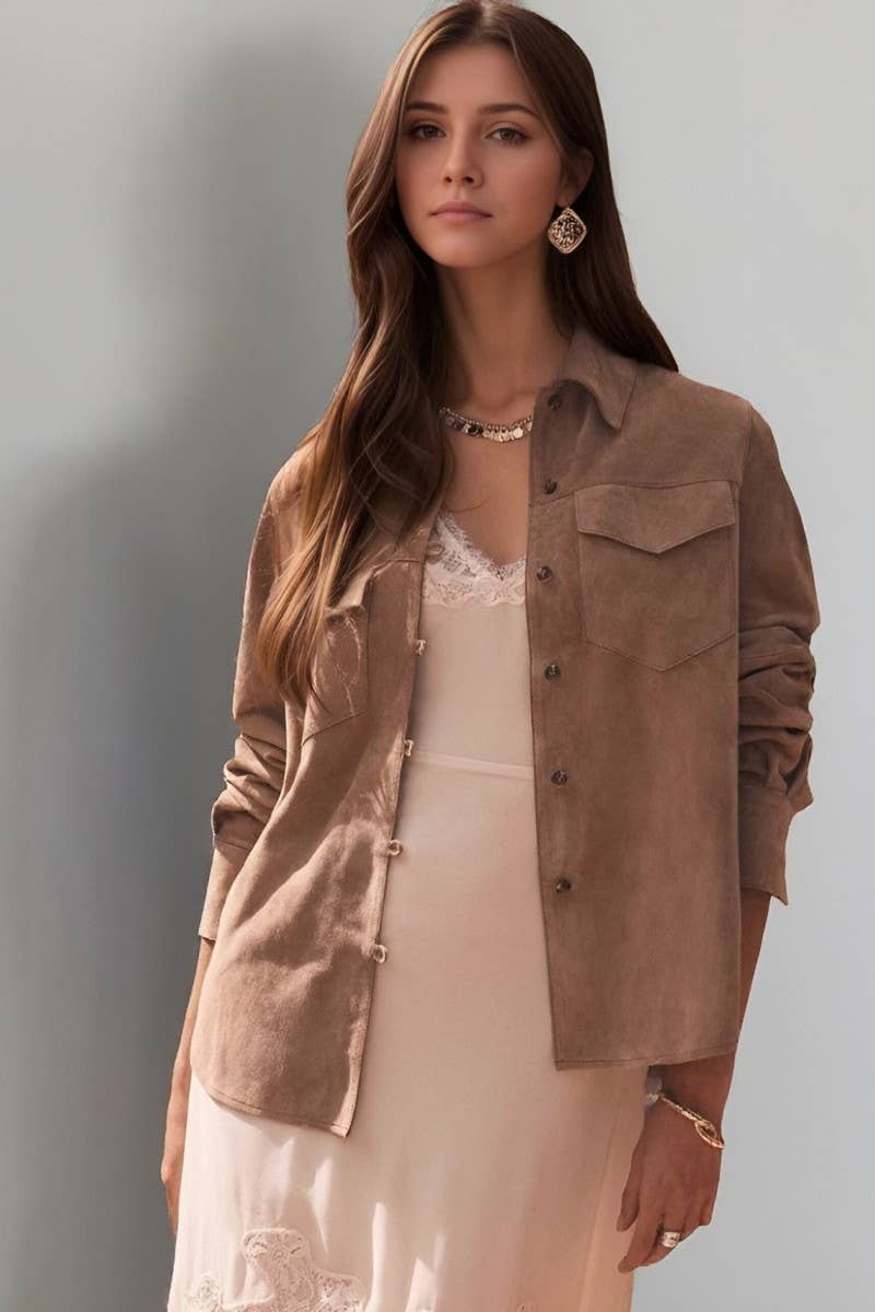 CWOCO1284_MULTI-POCKET LAPEL CASUAL SUEDE JACKET