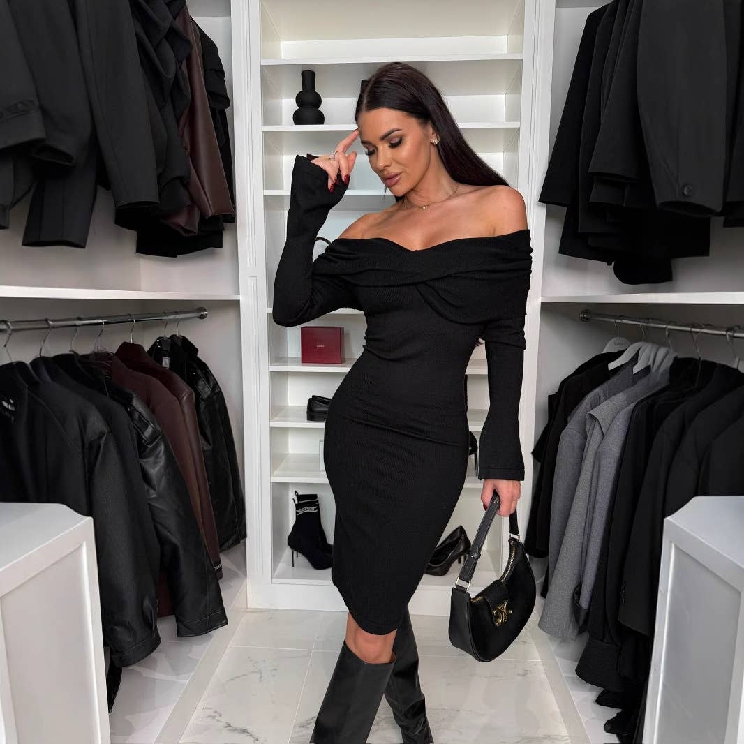 SOLID COLOR OFF-THE-SHOULDER SLIM-FIT DRESS