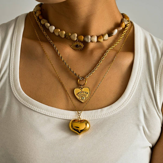Durable Steel Heart Necklace with Evil Eye Stone