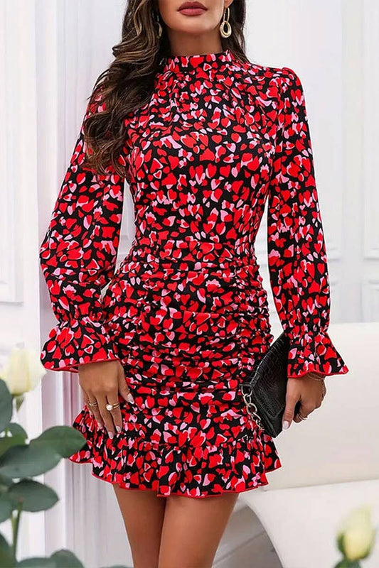 CWDSD7409_STAND COLLAR RUFFLED PRINT LONG SLEEVE DRESS