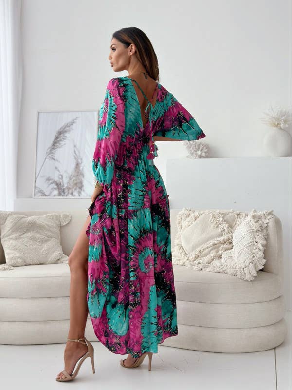 Sexy deep V abstract big floral print split dress