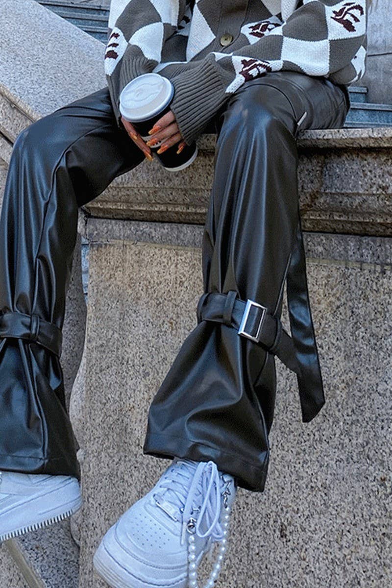 CWBLP1098_HIGH ELASTIC PU STRAPPY LEATHER PANTS