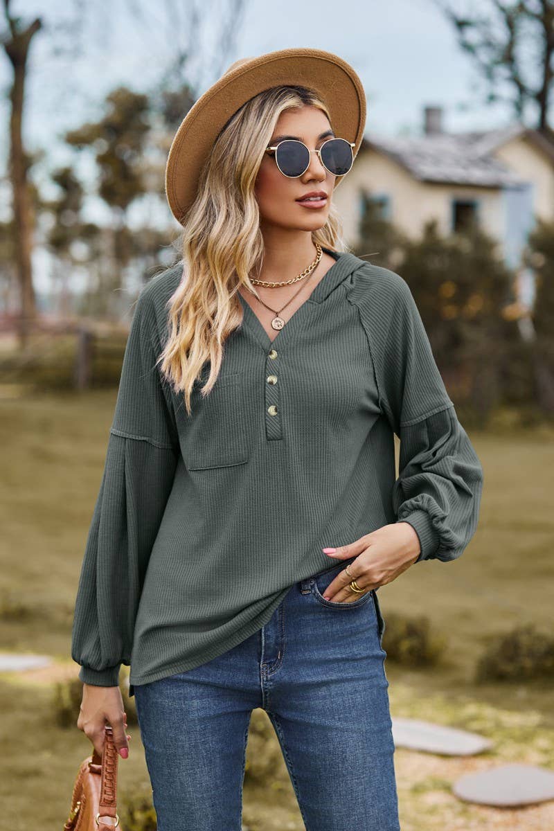 CWOHOL1095_NEW HOODED BUTTON LOOSE LONG-SLEEVED SWEATSHIRT