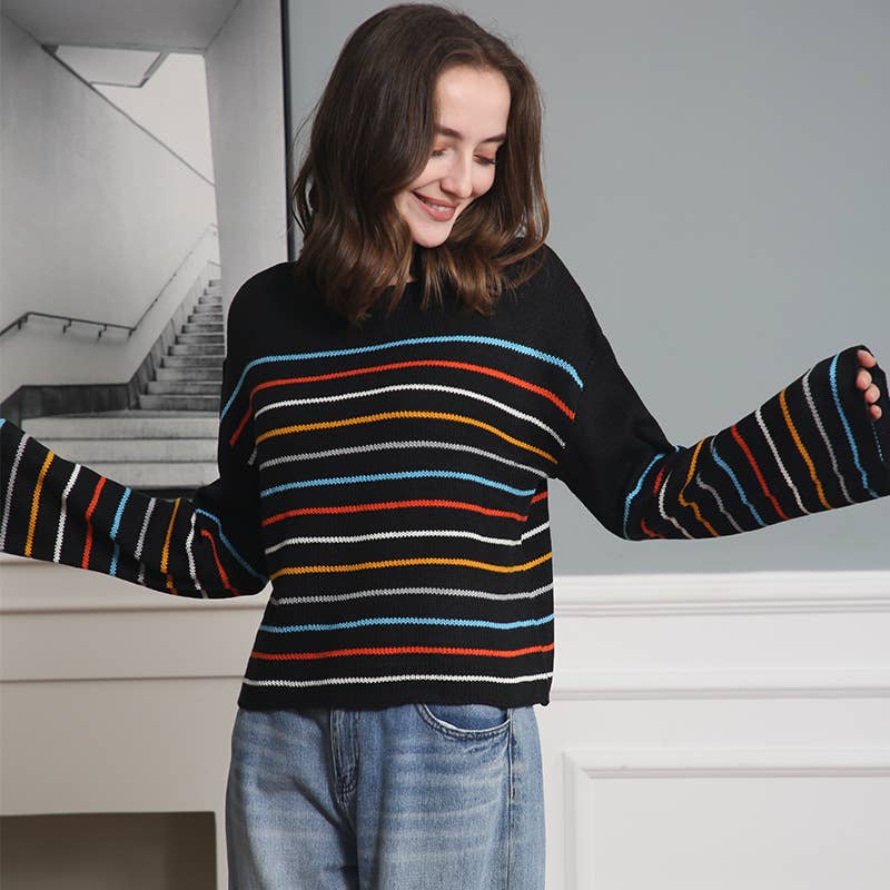 FASHION CASUAL STRIPED MATCHING COLOR SWEATER