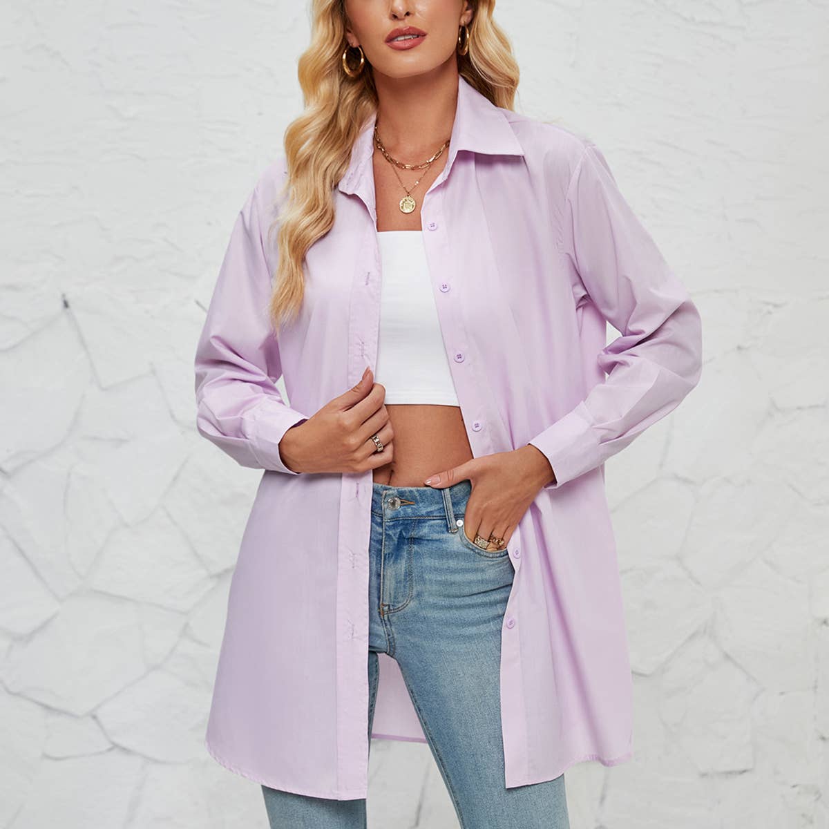 SOLID COLOR FASHION CASUAL LONG SLEEVE LONG SHIRT