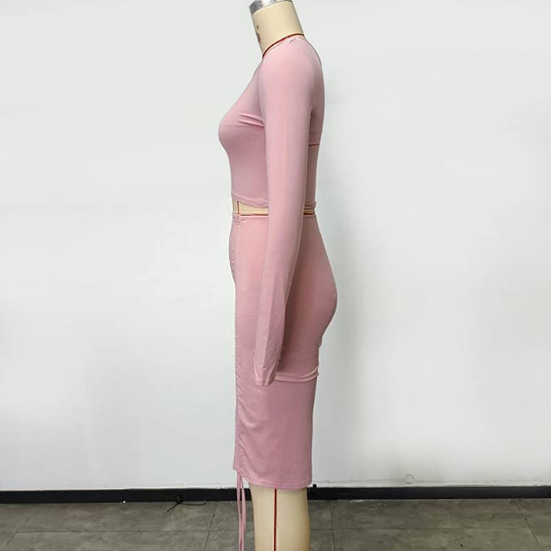 One Shoulder Crop Top and Ruched Skirt Set