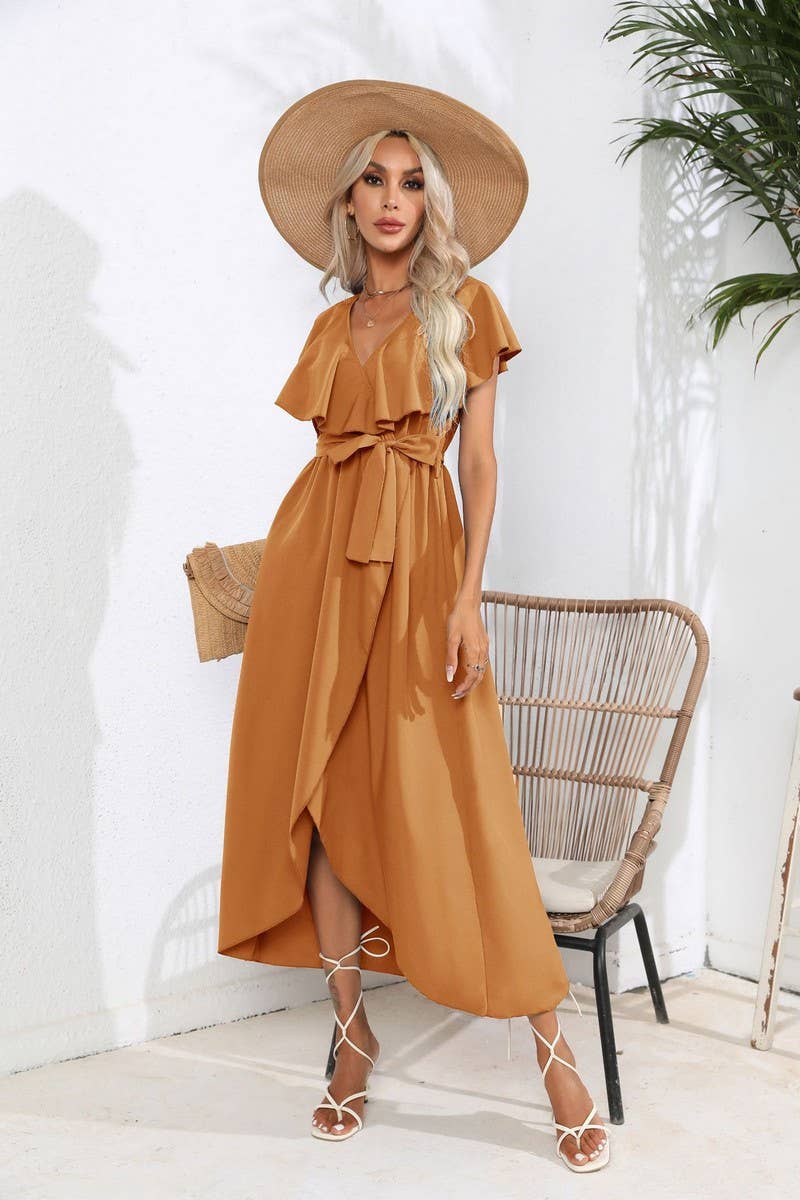 CWDMD1336_V-Neck Short Ruffle Sleeve With Belt Dress