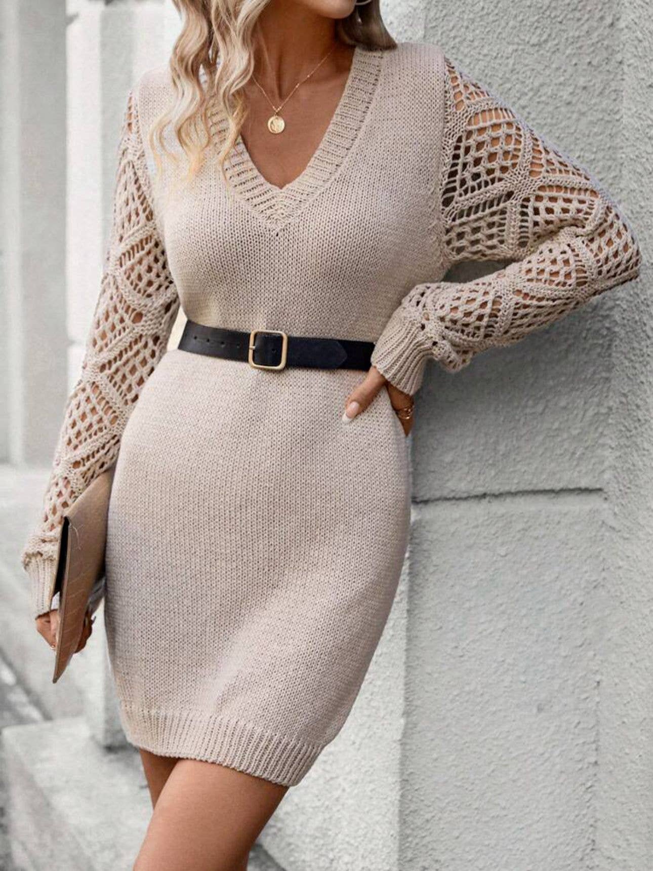 SOLID COLOR CUT-OUT V-NECK SWEATER DRESS