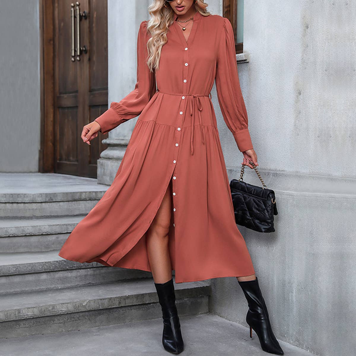 LONG-SLEEVED SINGLE-BREASTED ALL-IN-ONE DRESS
