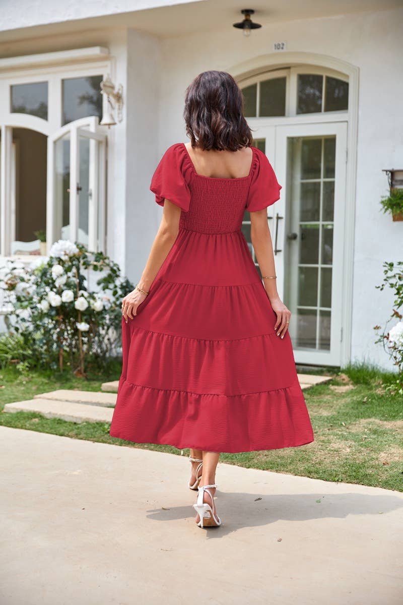 Square neck backless puffy sleeve pleated dress