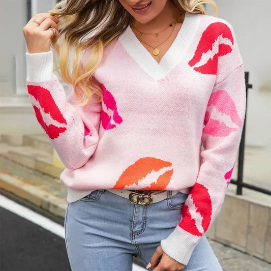 WOMEN LIPS PATTERN V NECK CASUAL SWEATER_CWOSWL1554