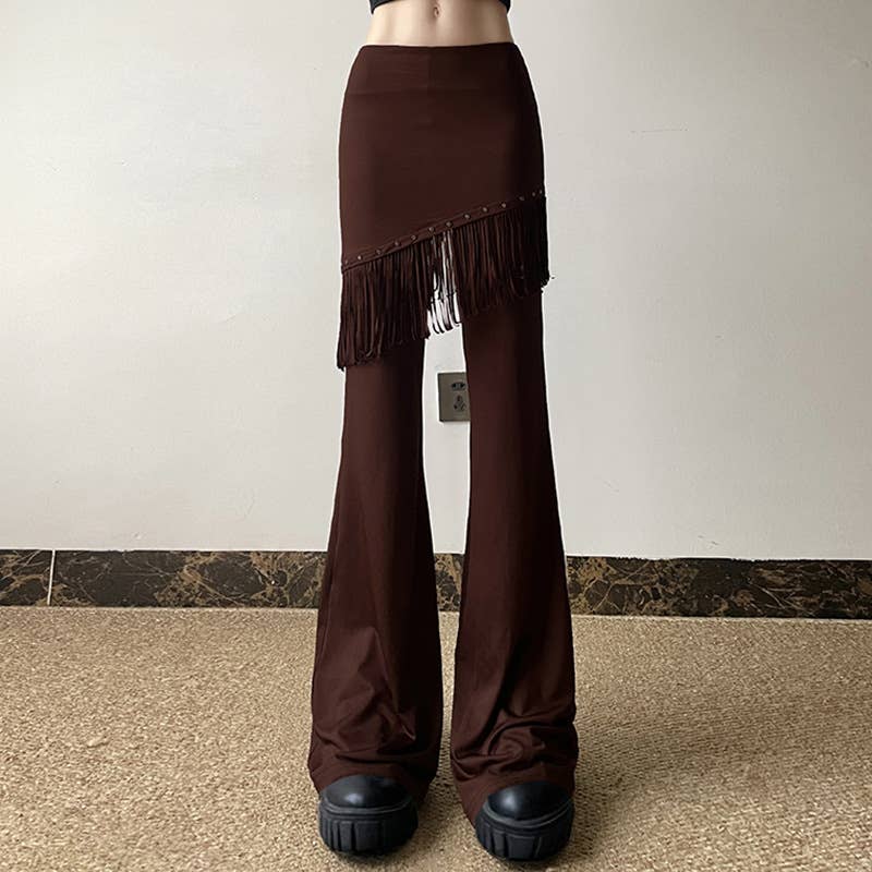 SOLID COLOR CASUAL BELL BOTTOMS WITH FRINGE DROP