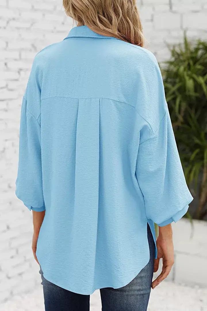 LANTERN SLEEVE BUTTON V-NECK CHIFFON CASUAL SHIRT