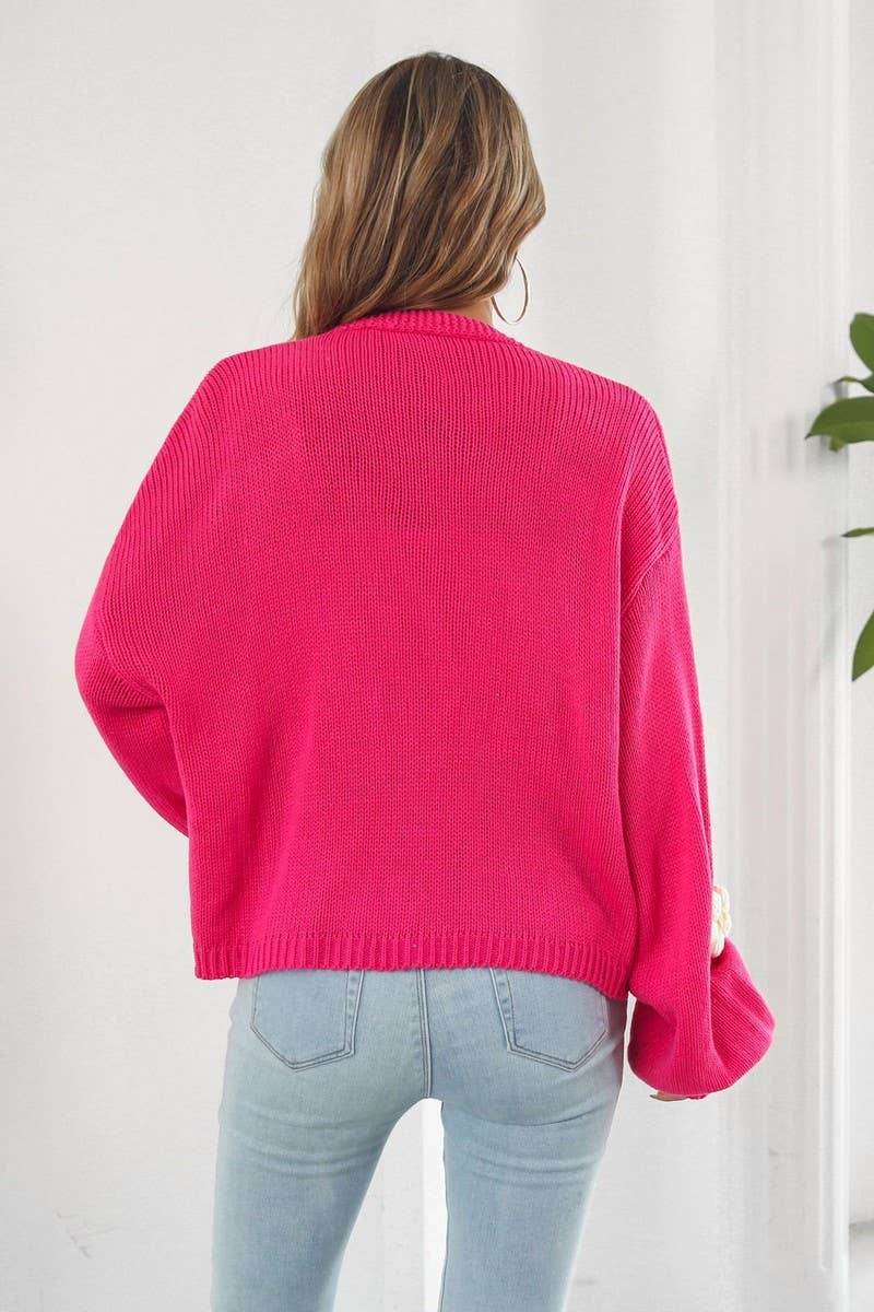 CWOCAL1182_EMBROIDERED FLOWER LANTERN SLEEVE KNIT CARDIGAN