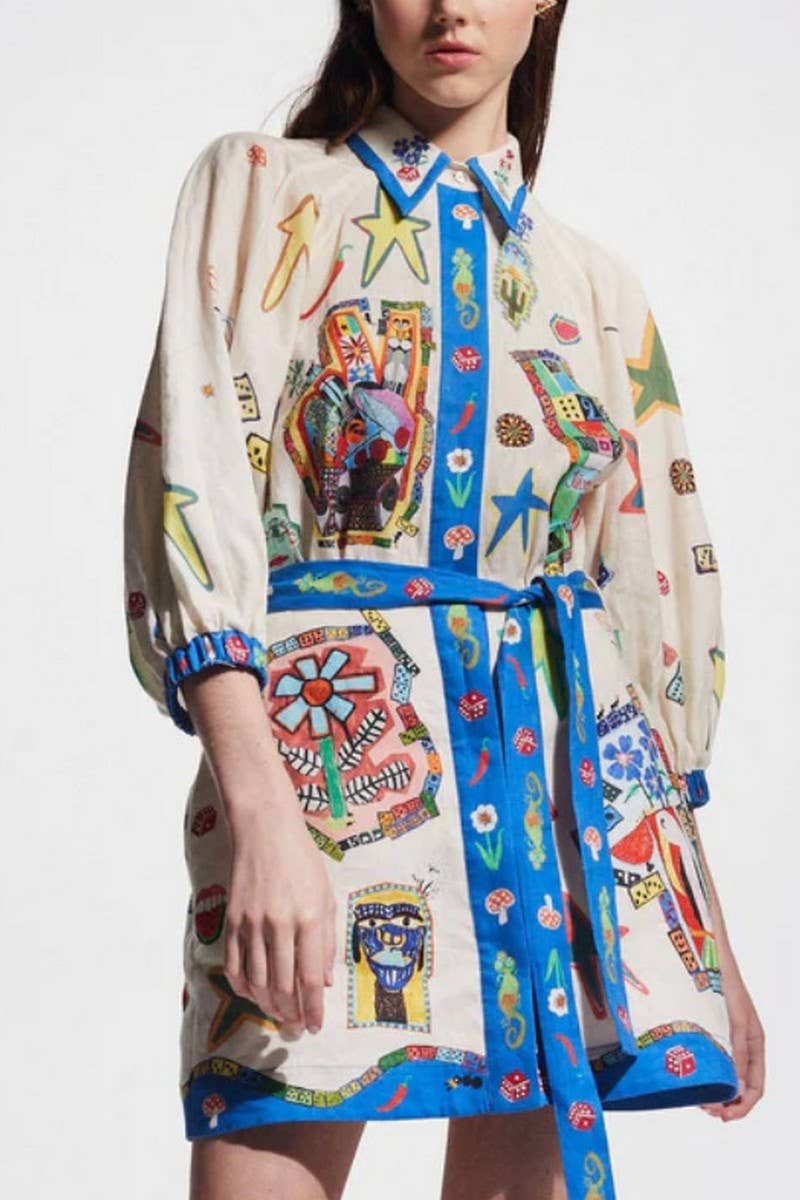 CWDSD8253_FLORAL PRINT TIE LONG SLEEVE DRESS