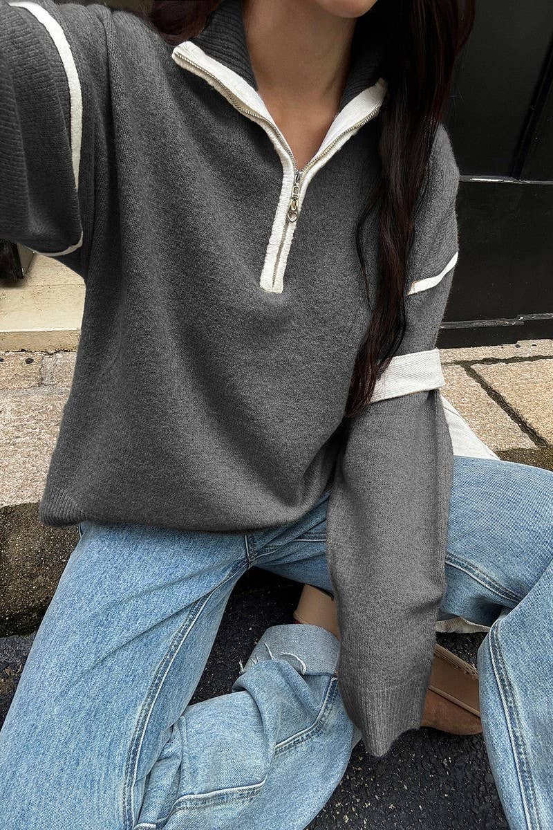 CWOSWL07487_CASUAL SIMPLE SOLID LONG SLEEVE ZIP SWEATER