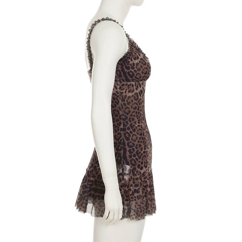 Leopard print sleeveless slim-fit V-neck dress