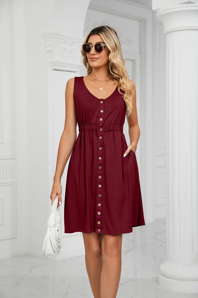 CWDSD3114_ROUND NECK SLEEVELESS BUTTON POCKET WAIST DRESS