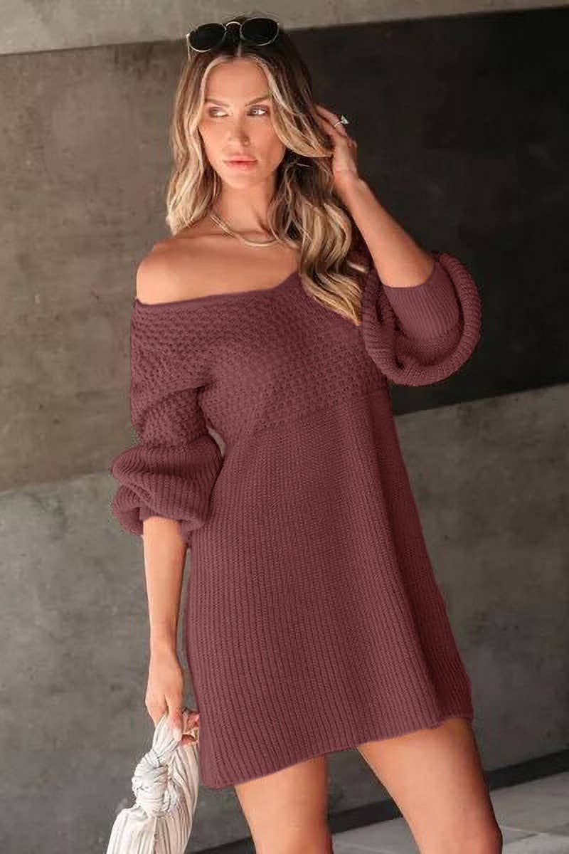 CWDSD5912_V-NECK LANTERN SLEEVE KNITTED SWEATER DRESS