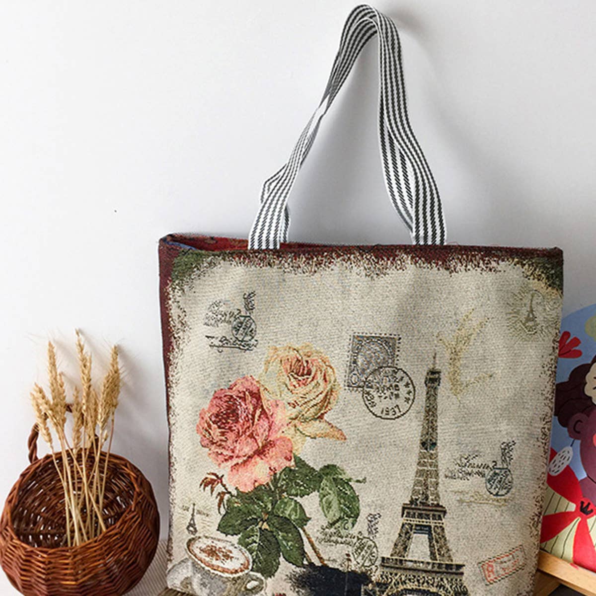 FLOWER JACQUARD CANVAS SHOULDER BAG TOTE BAG_CWAB1677