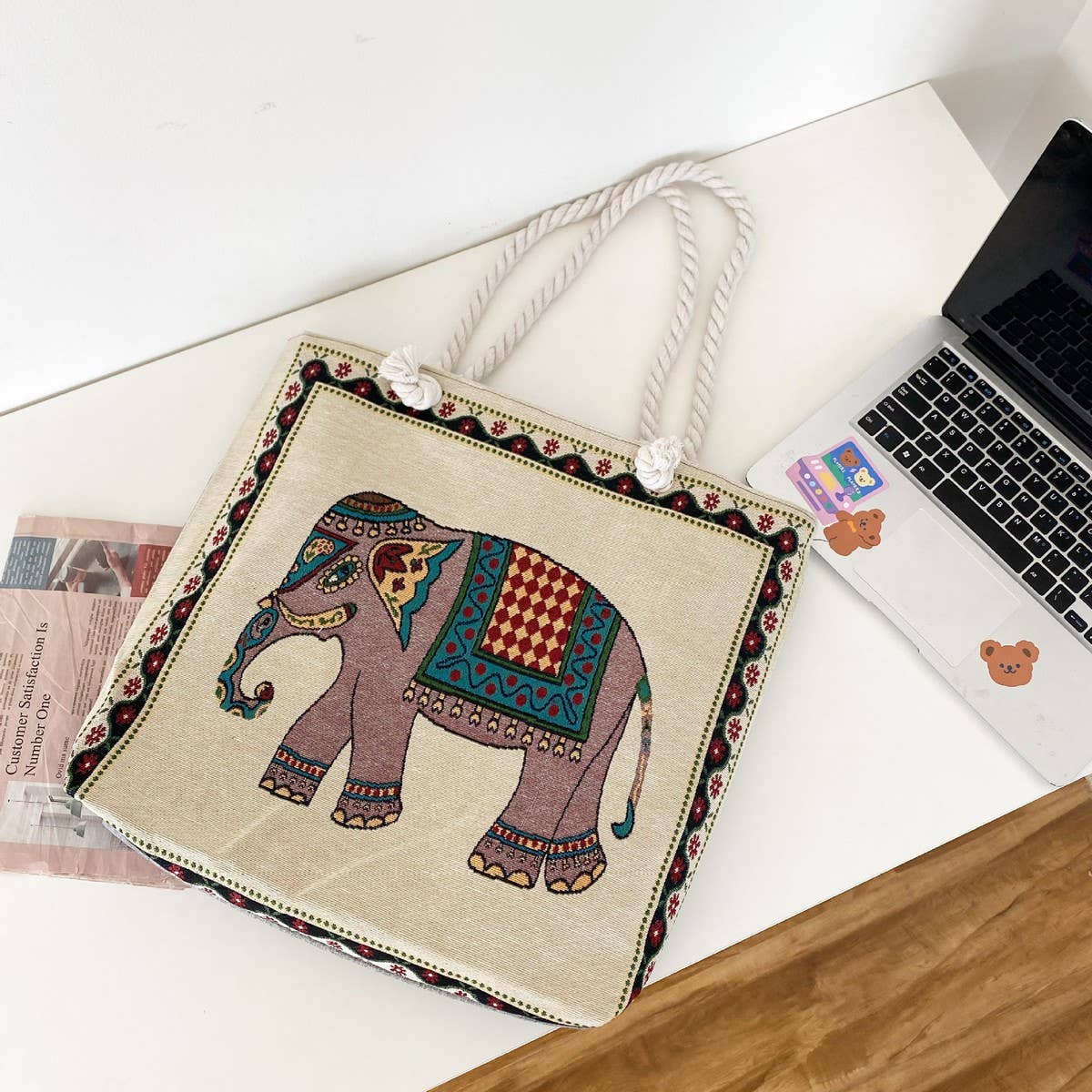 VINTAGE ANIMAL EMBROIDERED CANVAS TOTE BAG_CWAB1679