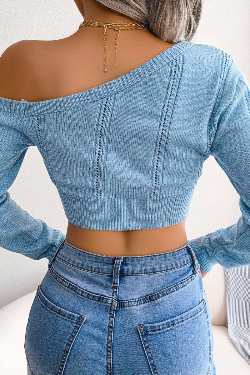 WOMEN EYELET ONE OFF SHOULDER SEXY CROP KNIT TOP_CWOSWL0445