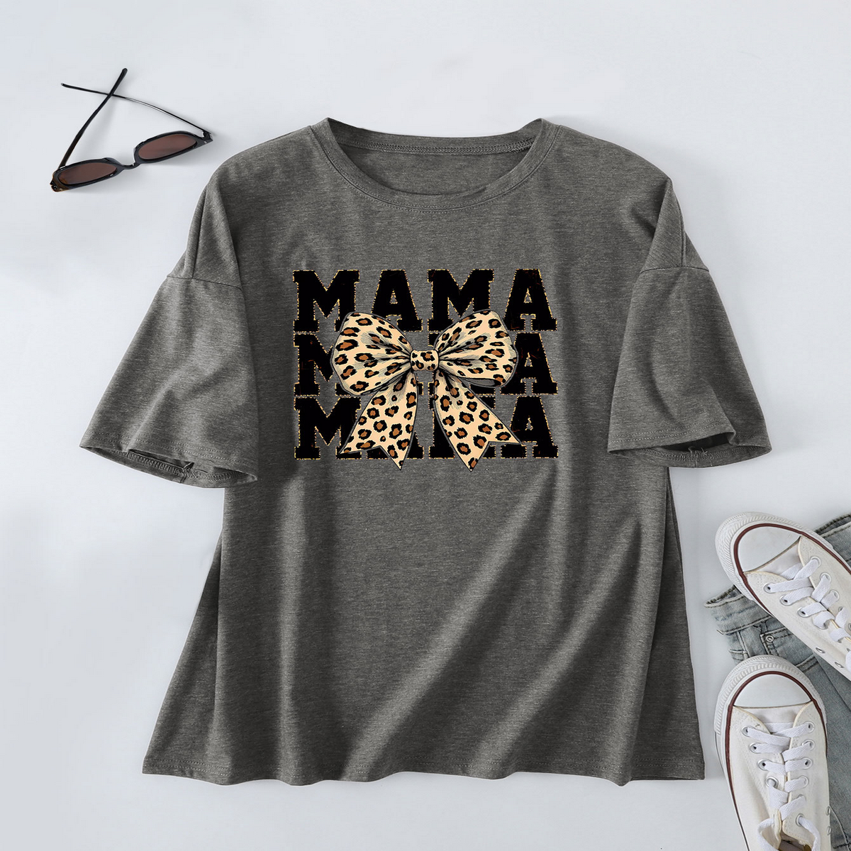 Leopard Bow Print T-Shirt, Loose Fit for Women