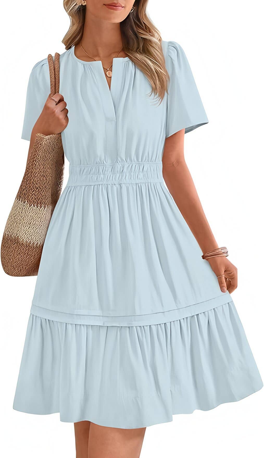 V-neck solid-color cinched waist short dress