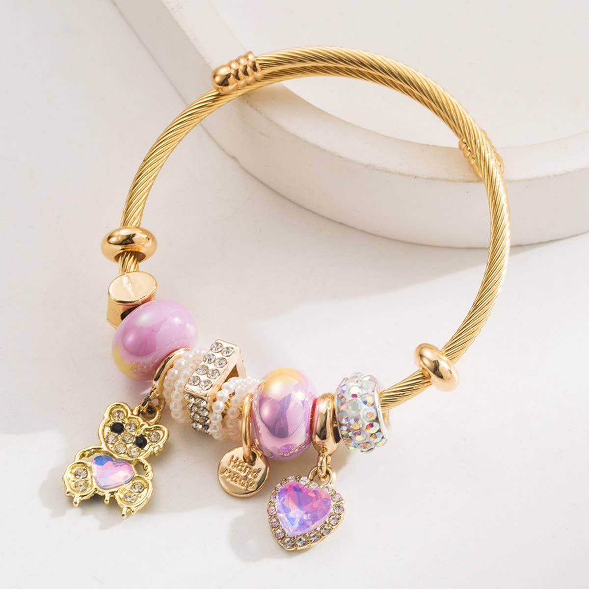 Trendy Stainless Steel Bracelet with Bear & Heart