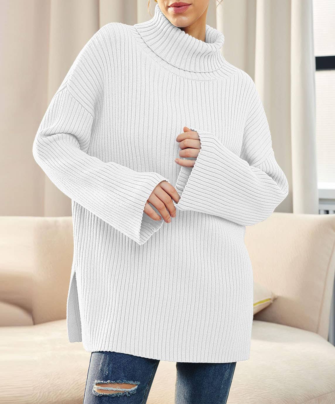 SPLIT TURTLENECK SOLID COLOR RIB KNIT SWEATER
