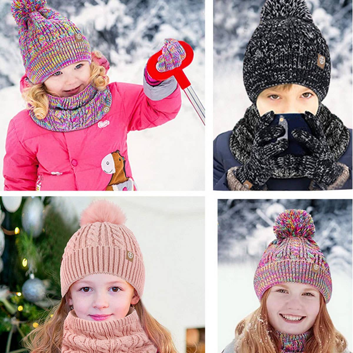 THREE-PIECE SET OF POM-POM HAT, SCARF AND GLOVES