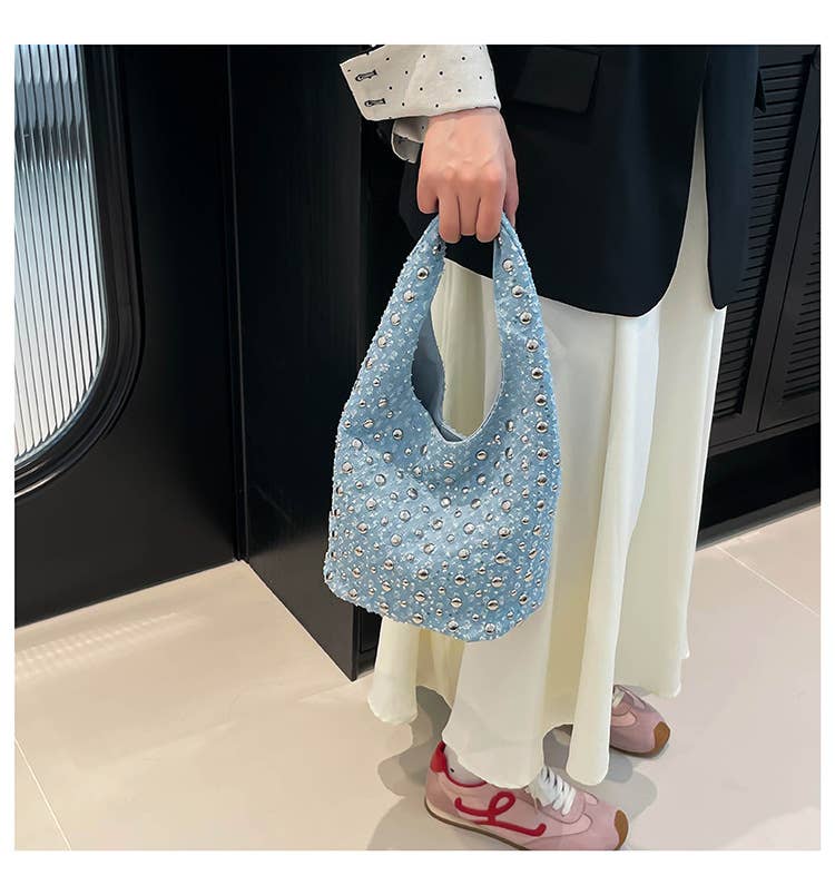 Fashionable riveted denim single-shoulder bag